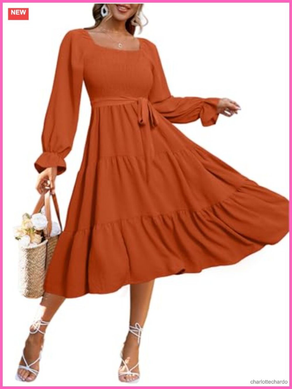 Simplee Womens Long Sleeve Maxi Dress Square Neck Smocked Flowy Fall Wedding